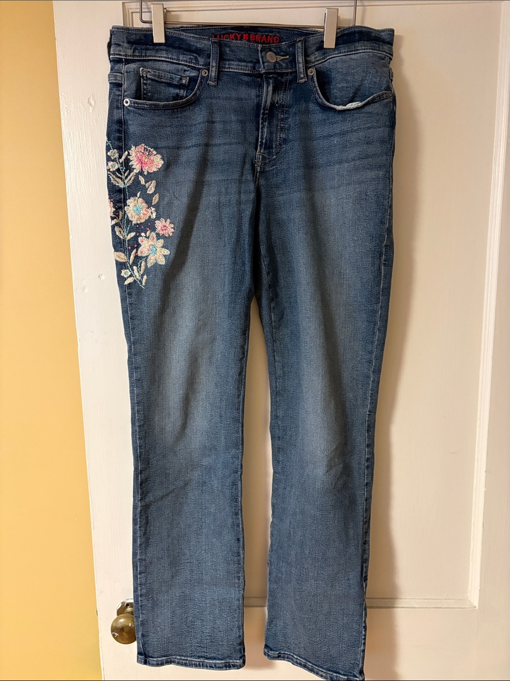 Lucky Brand Blue Straight Leg Jeans with Floral Embroidery